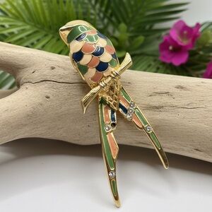 Vintage Multi-Color Enamel Bird Brooch Gold Tone Rhinestone Accent
